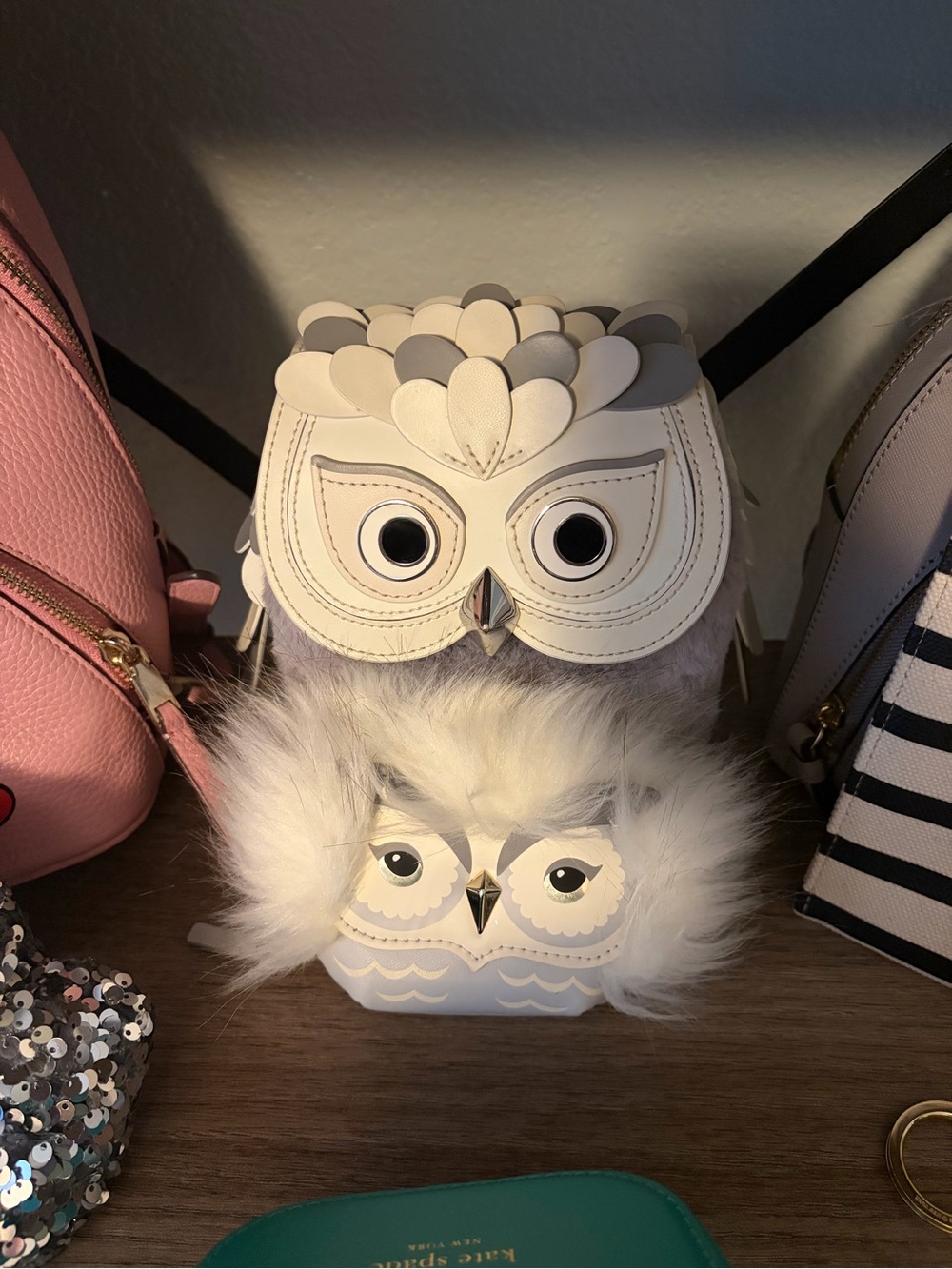 Kate spade White Owl Crossbody Bag with Faux Fur Accent and coin pouch
